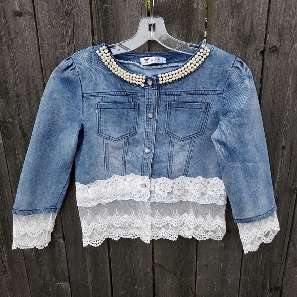 Womens Denim Collar Beads Jacket L (M) Blue Layer - Picture 3 of 8